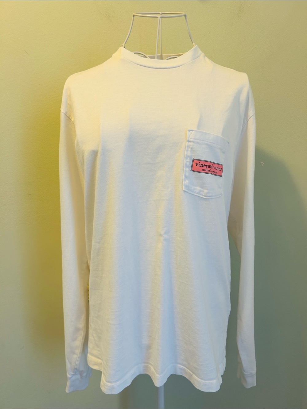 Vineyard Vines White Long-Sleeve Pocket Tee with Pink Logo Patch
